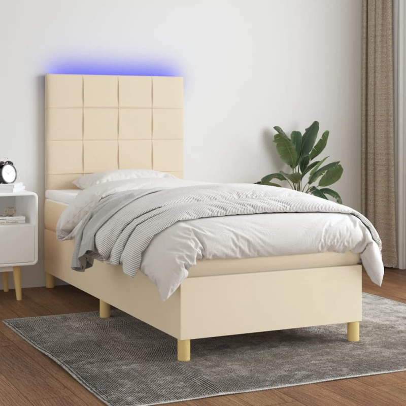 Κρεβάτι Boxspring με Στρώμα & LED Κρεμ 100x200 εκ. Υφασμάτινο Κρεμ 3135418