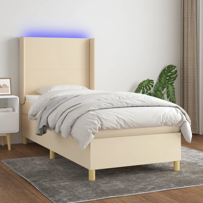 Κρεβάτι Boxspring με Στρώμα & LED Κρεμ 100x200 εκ. Υφασμάτινο Κρεμ 3138698