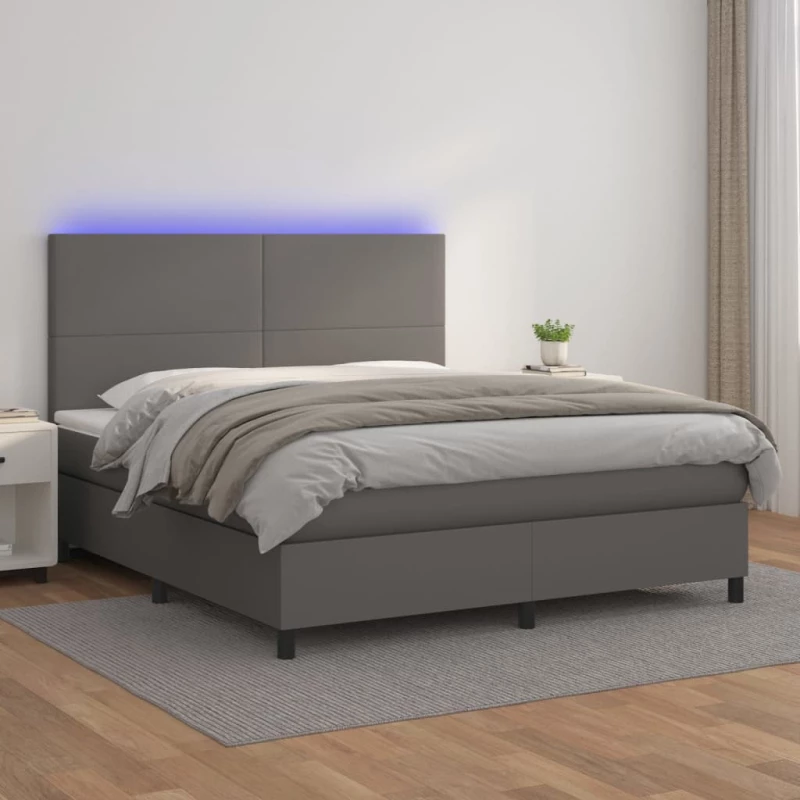Κρεβάτι Boxspring με Στρώμα & LED Γκρι 160x200 εκ. Συνθ. Δέρμα Γκρι 3135835