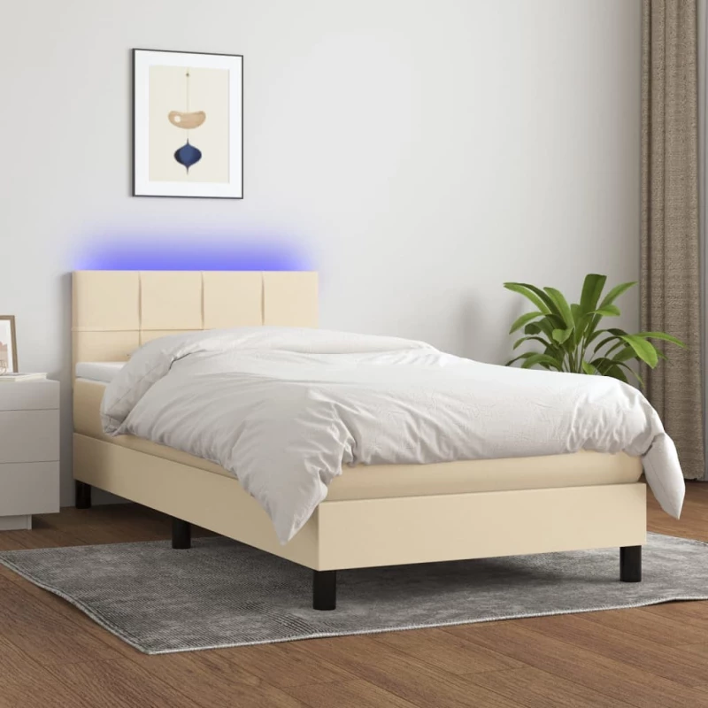 Κρεβάτι Boxspring με Στρώμα & LED Κρεμ 90x200 εκ. Υφασμάτινο Κρεμ 3133130