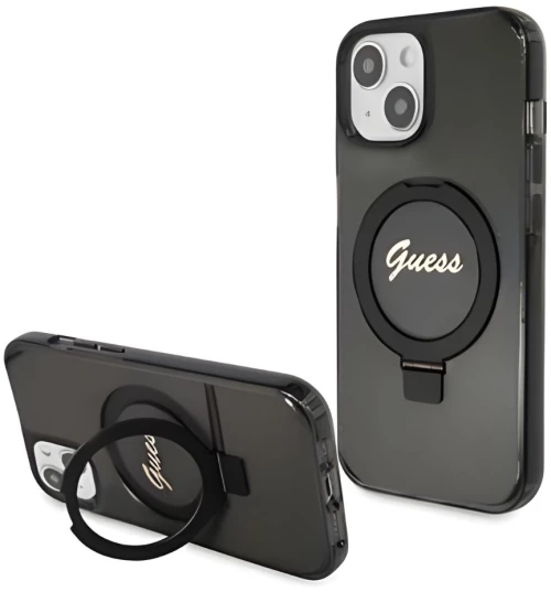 Guess Θήκη IML Ring Stand Glitter MagSafe iPhone 15 Black