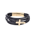 Βραχιόλι Senza Men's Steel Black Leather Strap with Gold Cross