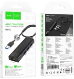 Hub USB Hoco HB42 Easy Safety 4-in-1 USB σε 3xUSB 3.0 5Gbps και RJ45 1000Mbps 1.2m Μαύρο