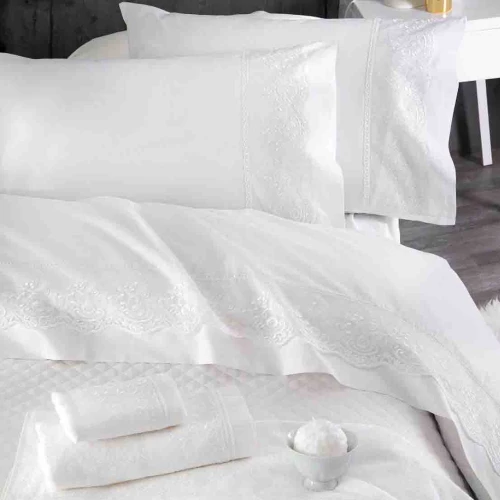 Katherina σετ σεντόνια λευκό με δαντέλα τεσσάρων τεμαχίων