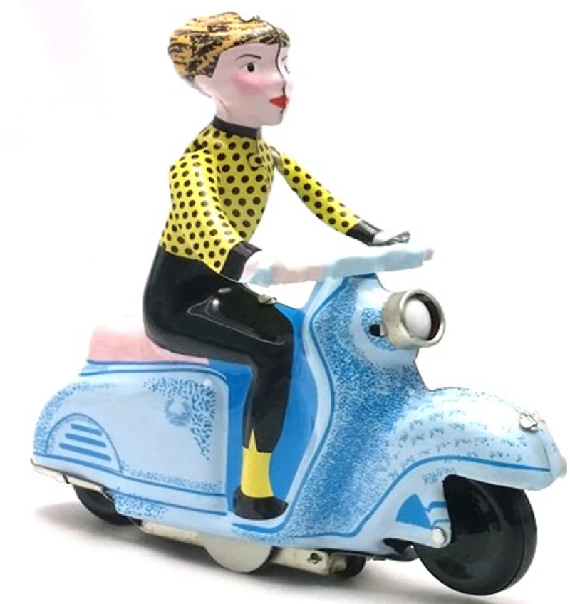 Vintage μεταλλικό scooter με αναβάτη σιέλ 14x18 εκ