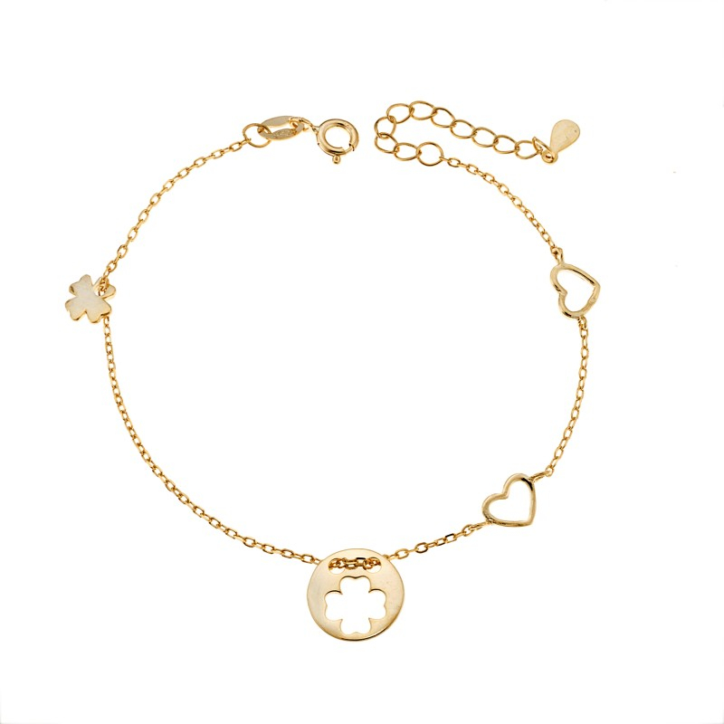 Βραχιόλι Senza επιχρυσωμένο ασήμι 925, διπλή καρδιά και τριφύλλι