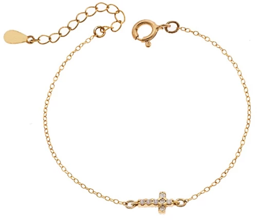 Βραχιόλι Senza Silver 925 Gold Plated, σταυρός με φούξια & λευκά ζιργκόν διπλής όψης