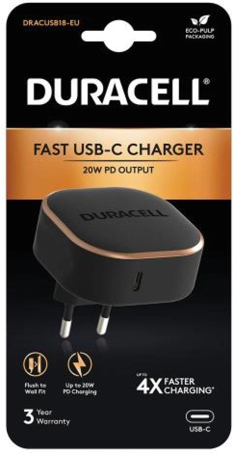 Φορτιστής Ταξιδίου Duracell PD 20W με Έξοδο USB C Μαύρο