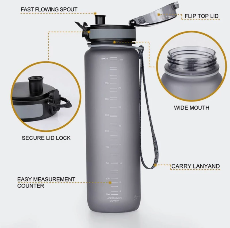 UZSPACE Leakproof Tritan Bpa Free Plastic Water Bottle 1000ml - 3038-ORANGE-PURPLE