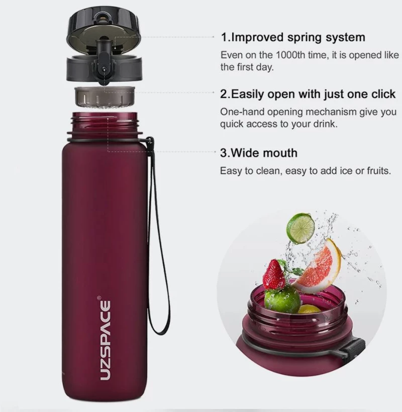 UZSPACE Leakproof Tritan Bpa Free Plastic Water Bottle 1000ml - 3038-ORANGE-PURPLE