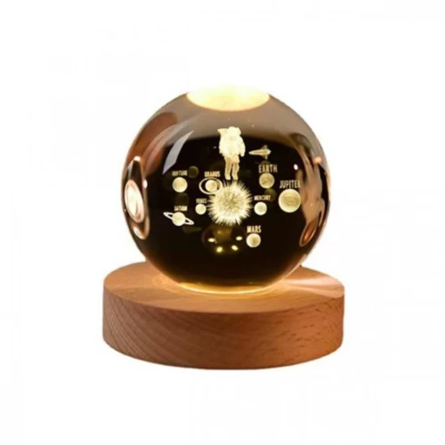 Φωτιστικό Κρυστάλλινη Σφαίρα 8cm Χαραγμένη Εσωτερικά με Λέιζερ - Αστροναύτης με Ηλιακό σύστημα