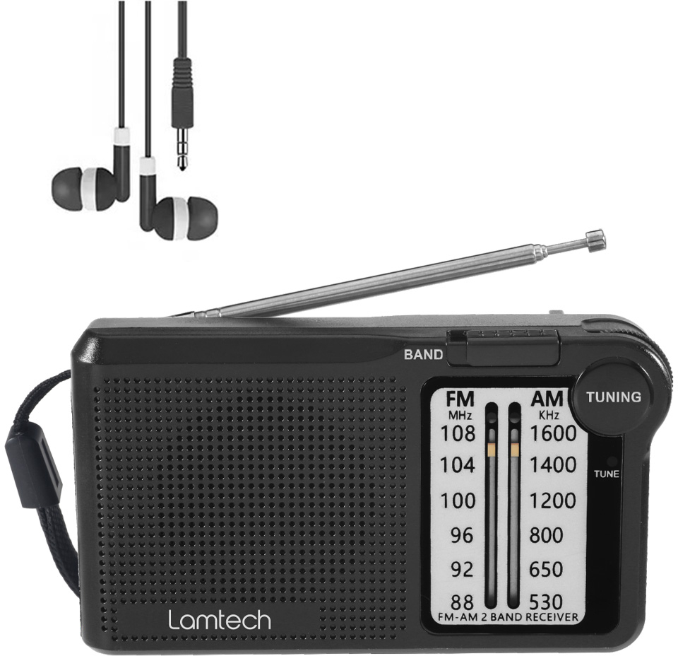 LAMTECH 2 BAND FM/AM RADIO WITH EARPHONES JACK BLACK