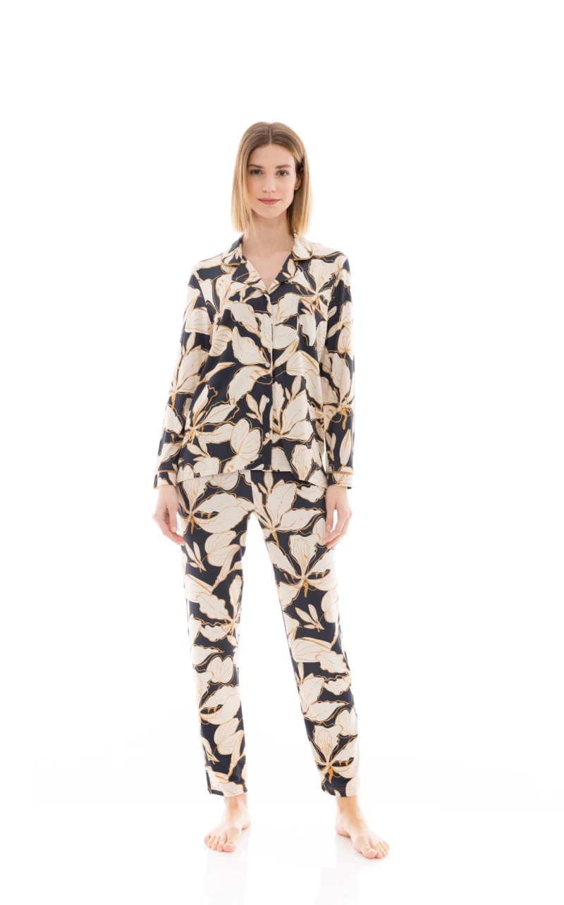 Γυναικεία Πυτζάμα Pink Label - Σεμιζιέ - Μπλε Floral - Regular Fit - Viscose