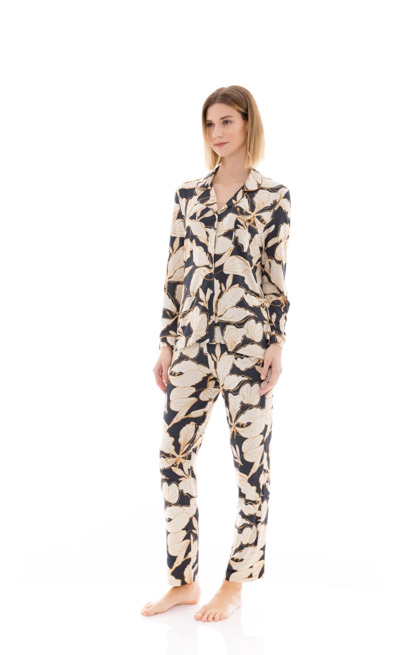 Γυναικεία Πυτζάμα Pink Label - Σεμιζιέ - Μπλε Floral - Regular Fit - Viscose