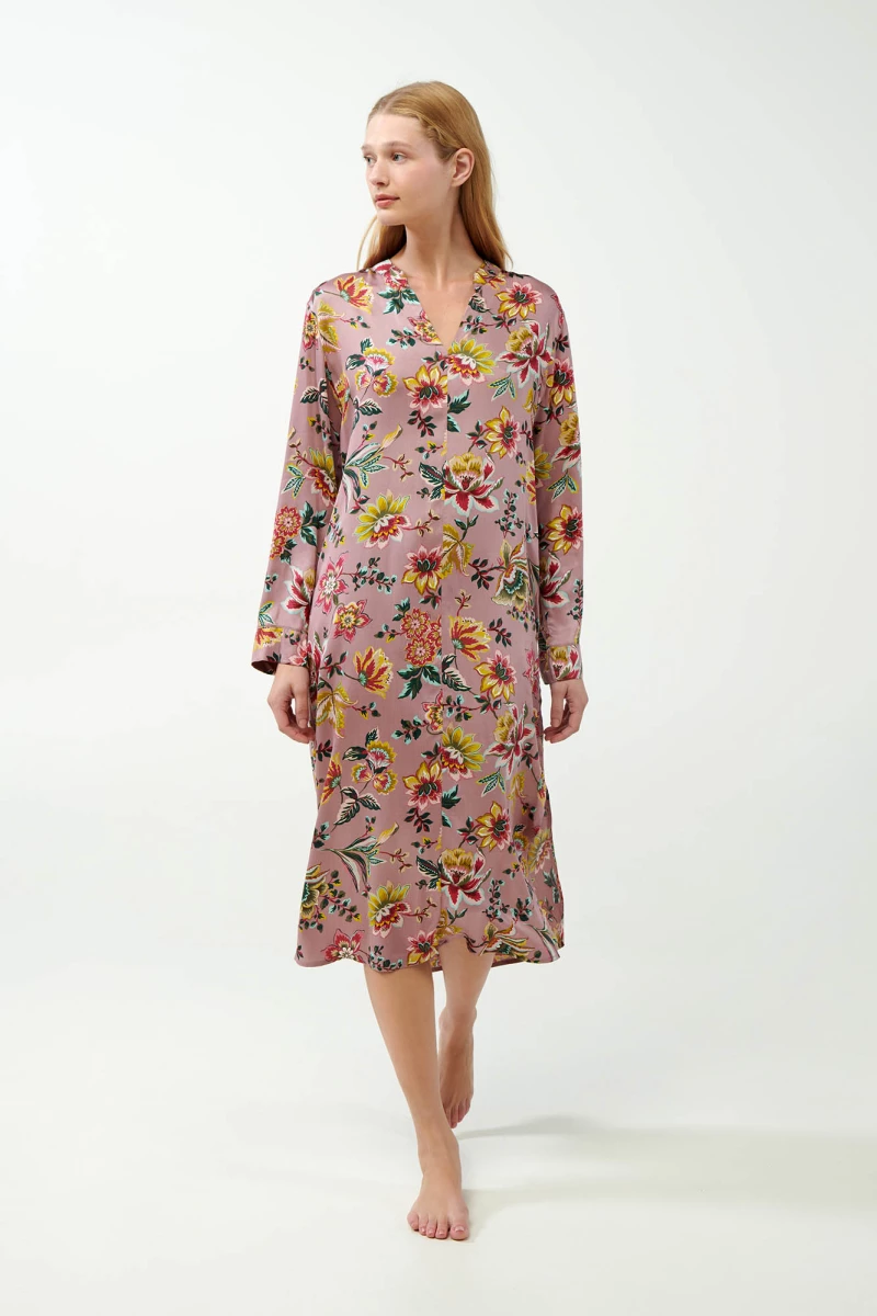Vamp - Viscose Satin Κουμπωτό Φλοράλ Νυχτικό - ROSE DUSTY