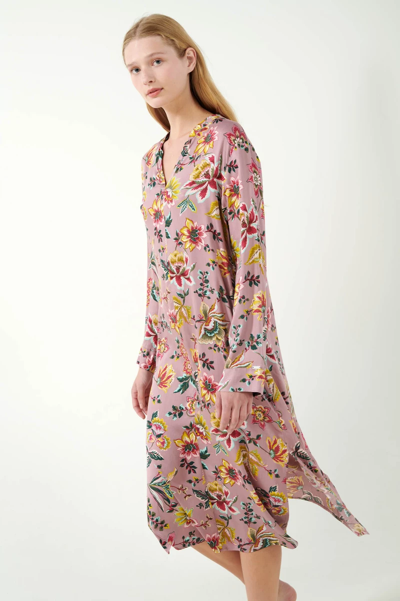 Vamp - Viscose Satin Κουμπωτό Φλοράλ Νυχτικό - ROSE DUSTY
