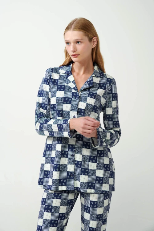 Vamp - Κουμπωτή Πυτζάμα Φούτερ με Patchwork Μοτίβο - BLUE PATRIOT