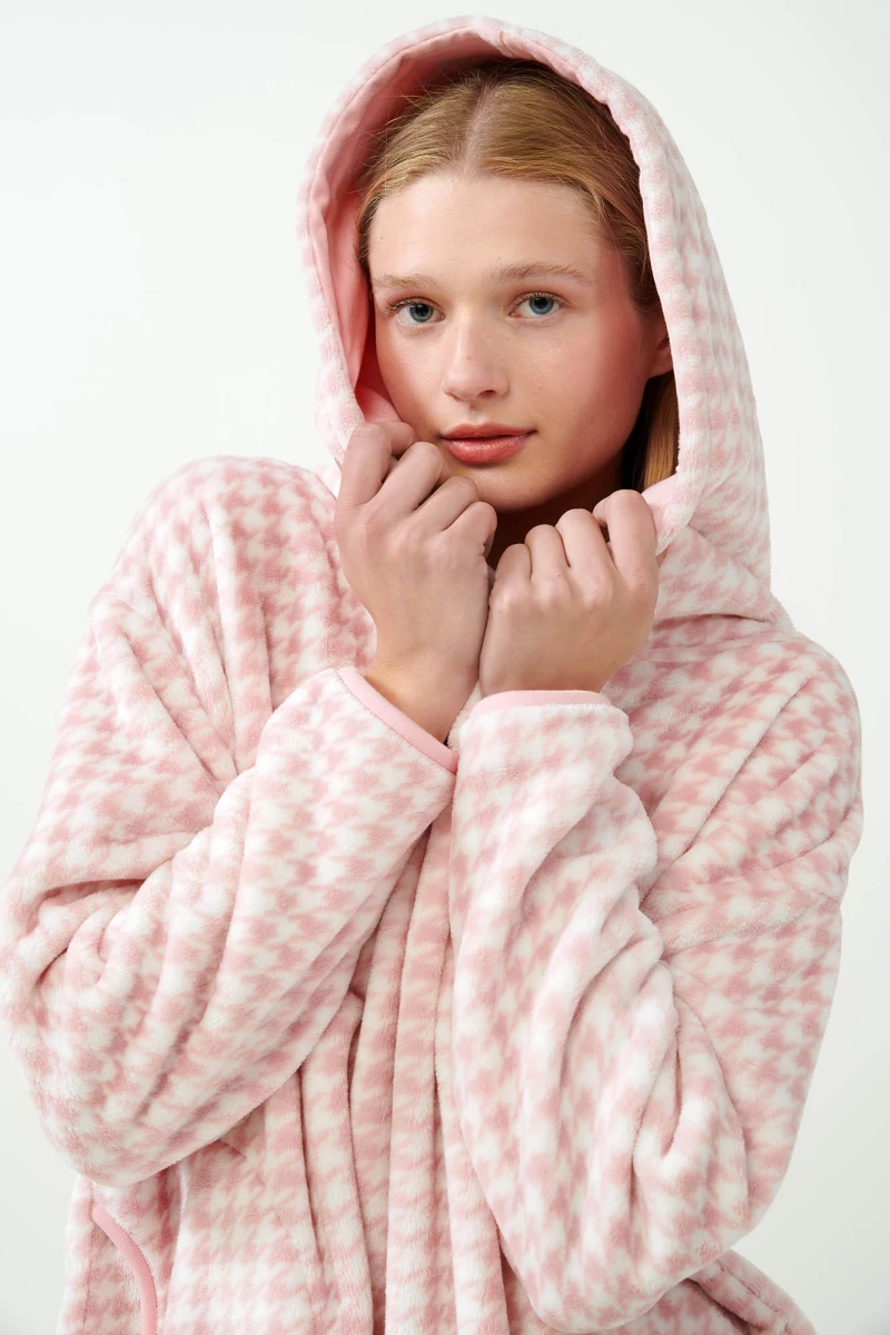 Vamp - Πιε-Ντε-Πουλ Fleece Νυχτικό με Κουκούλα - PINK PEACH