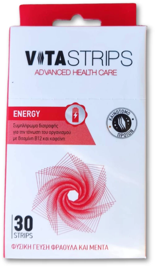 [1] VitaStrips Energy Συμπλήρωμα Διατροφής για Τόνωση και Ενέργεια με Γεύση Φράουλα και Μέντα 30 Ταινίες