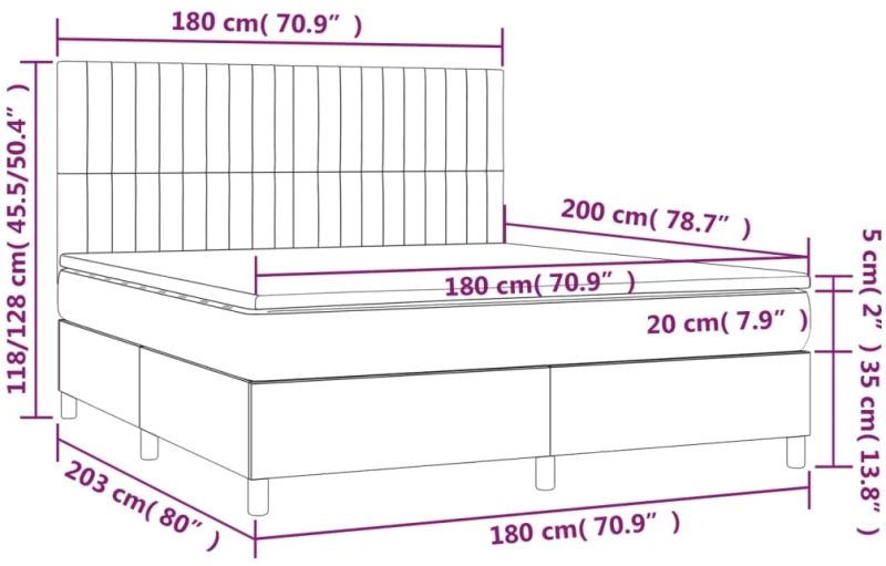 vidaXL Κρεβάτι Boxspring με Στρώμα & LED Taupe 180x200 εκ. Υφασμάτινο