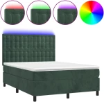 vidaXL Κρεβάτι Boxspring με Στρώμα & LED Σκ. Πράσινο 140x190εκ Βελούδο
