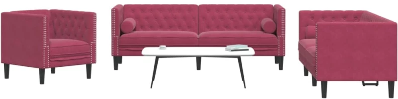 vidaXL Καναπές Chesterfield Σετ 3 Τεμ. με Στηρίγματα Μπορντό Βελούδο