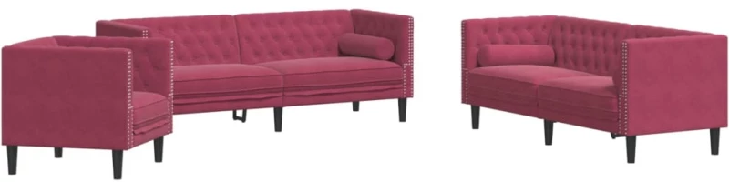 vidaXL Καναπές Chesterfield Σετ 3 Τεμ. με Στηρίγματα Μπορντό Βελούδο