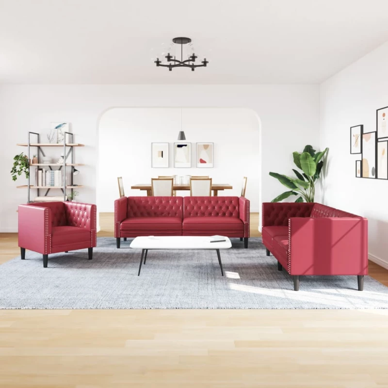 vidaXL Καναπές Chesterfield Σετ 3 Τεμ. με Στηρίγματα Μπορντό Βελούδο