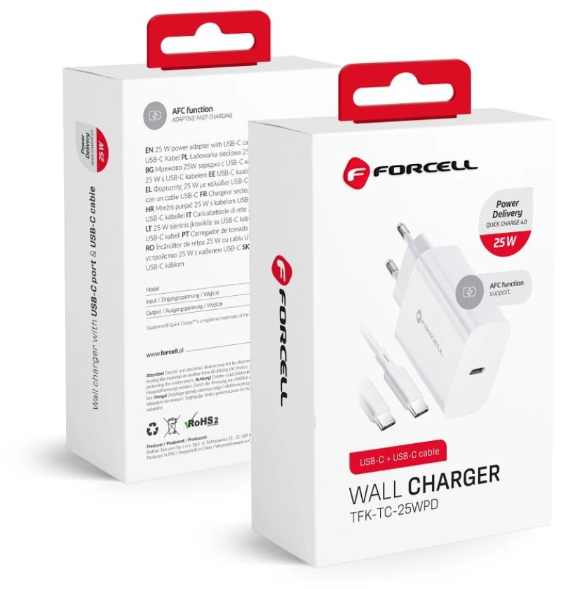 FORCELL F-ENERGY TFK-TC-25WPD travel charger Type C + cable Type C to Type C PD Q.C 3A 25W white