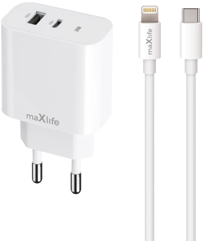 Maxlife MXTC-06-20AC PD QC charger 1x USB-C 1x USB 20W white + USB-C - Lightning cable 20W