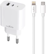 Maxlife MXTC-06-20AC PD QC charger 1x USB-C 1x USB 20W white + USB-C - Lightning cable 20W