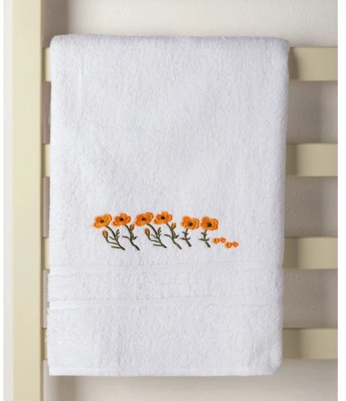 Πετσέτα Προσώπου ( 50cm x 100cm ) Λευκό με Πορτοκαλί Λουλούδι Silk Fashion