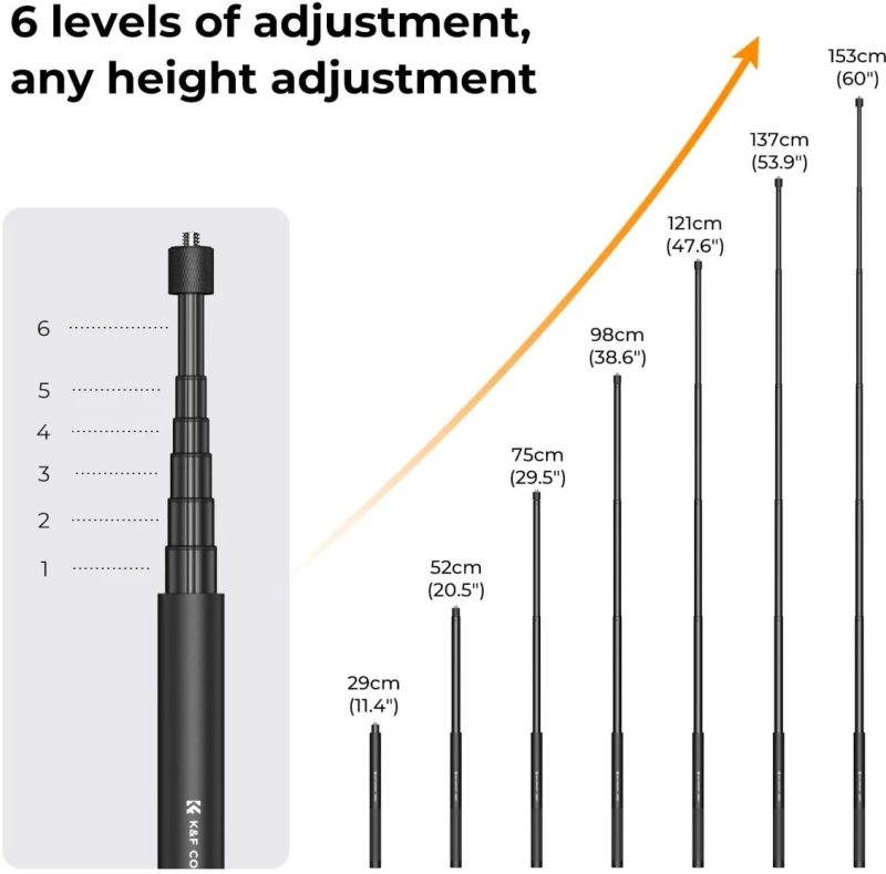 K&F Concept MS07 Invisible Selfie Stick 153cm Compatible with Insta360, GoPro, DJI Action KF09.132