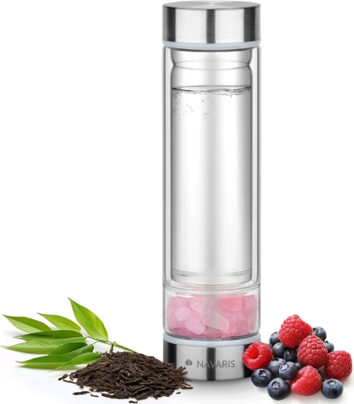 Navaris Tea Bottle with Gemstones - Γυάλινο Μπουκάλι Τσαγιού & Νερού με Πέτρες Rosequarz και Θήκη - 450ml - Clear / Pink (61741.08)