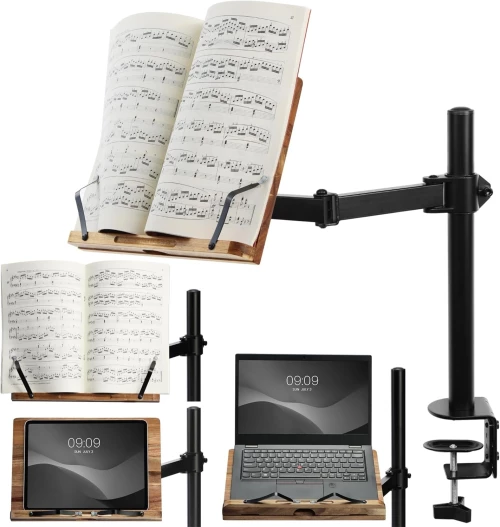 Navaris Book Stand with Clamp - Ρυθμιζόμενη Βάση με Βραχίονα & Σφιγκτήρα για Ανάγνωση Βιβλίου / Laptop / Tablet / eReader / Αναλόγιο από Ξύλο Ακακίας - 34 x 24 cm - Acacia (‎NAV0000272P002C)