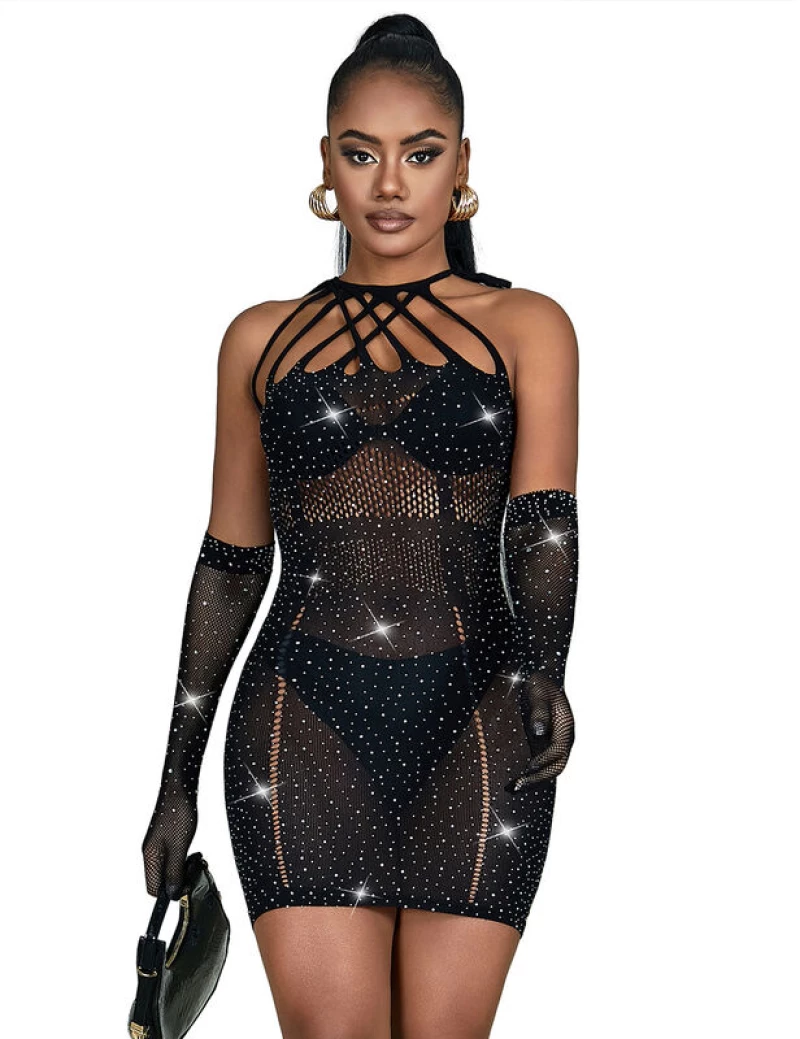 SUBBLIME - 952235 FISHNET BODYSTOCKING WITH RHINESTONES AND BLACK GLOVES ONE SIZE