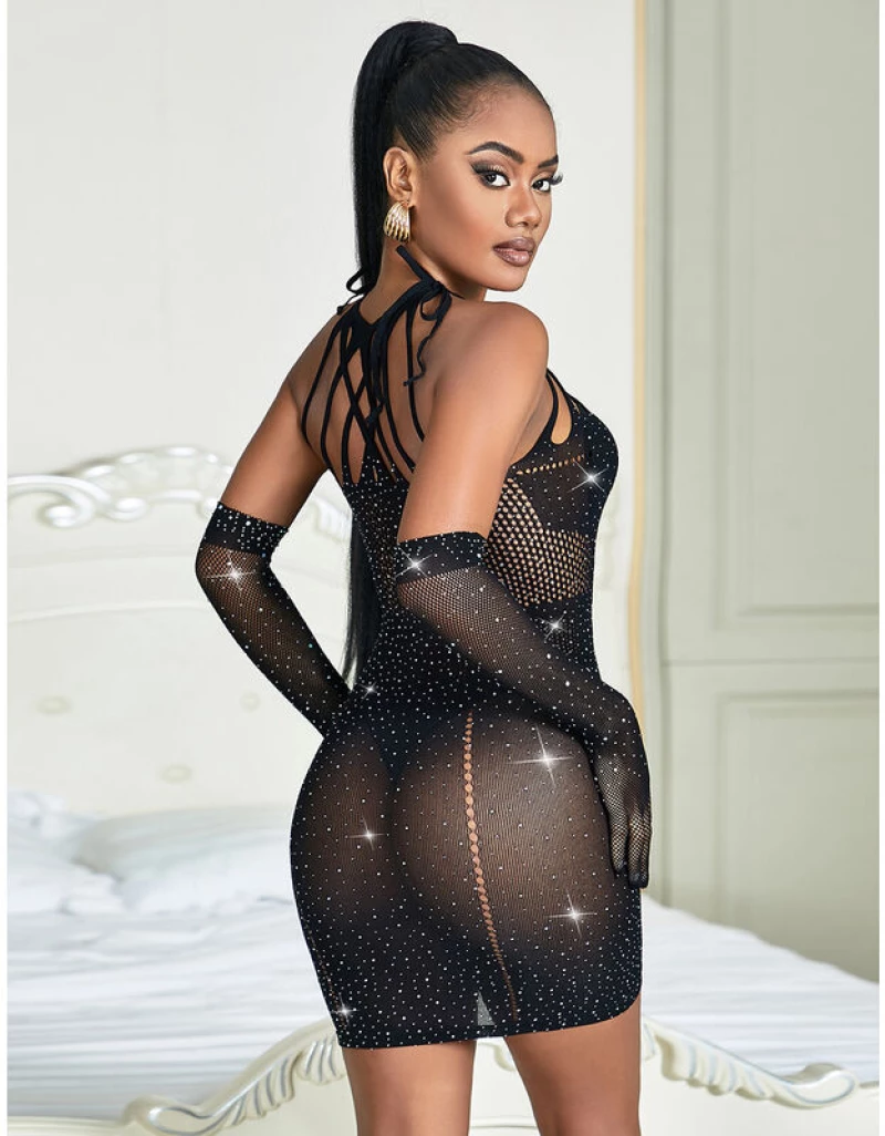 SUBBLIME - 952235 FISHNET BODYSTOCKING WITH RHINESTONES AND BLACK GLOVES ONE SIZE