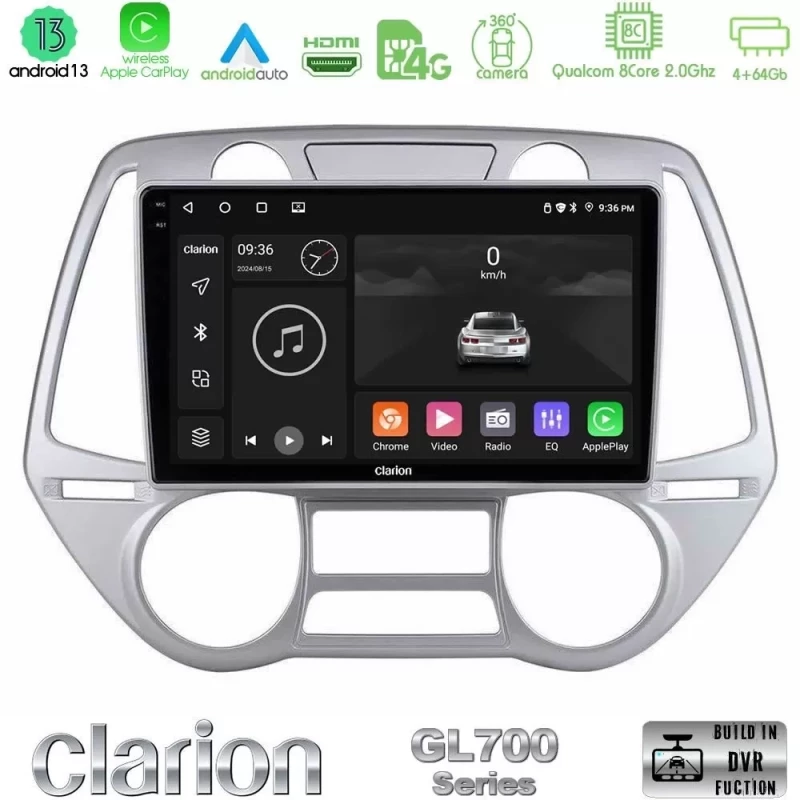 Clarion GL700 Series 8Core Android13 4+64GB Hyundai i20 2009-2012 Auto A/C Navigation Multimedia Tablet 9" Με Carplay & Android  U-GL7-HY0709