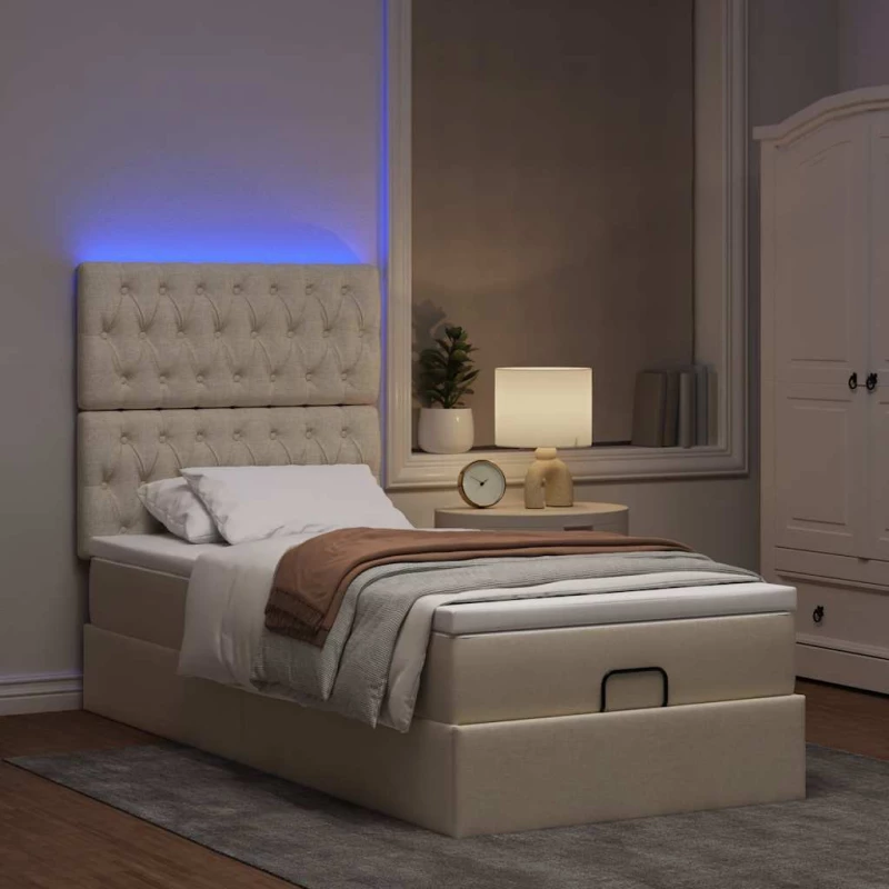 Οθωμανικό κρεβάτι με στρώμα & LEDs Cream 80x200cm ύφασμα Κρεμ 3314049