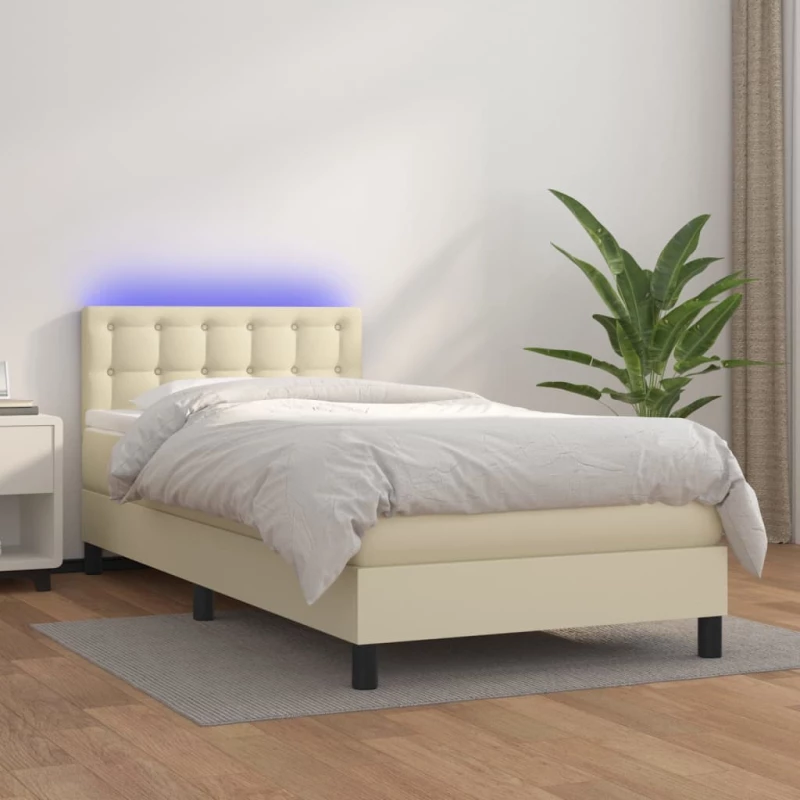 Κρεβάτι Boxspring με Στρώμα & LED Κρεμ 100x200 εκ. Συνθ. Δέρμα Κρεμ 3134209