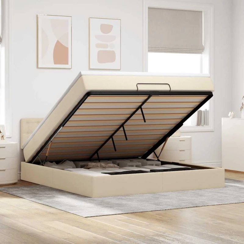 Οθωμανικό κρεβάτι με στρώμα & LEDs Cream 180x200cm ύφασμα Κρεμ 3312497