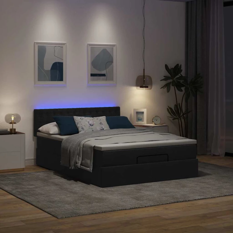 Οθωμανικό κρεβάτι με στρώμα & LEDs Μαύρο 140x190 cm Ύφασμα Μαύρο 3312473