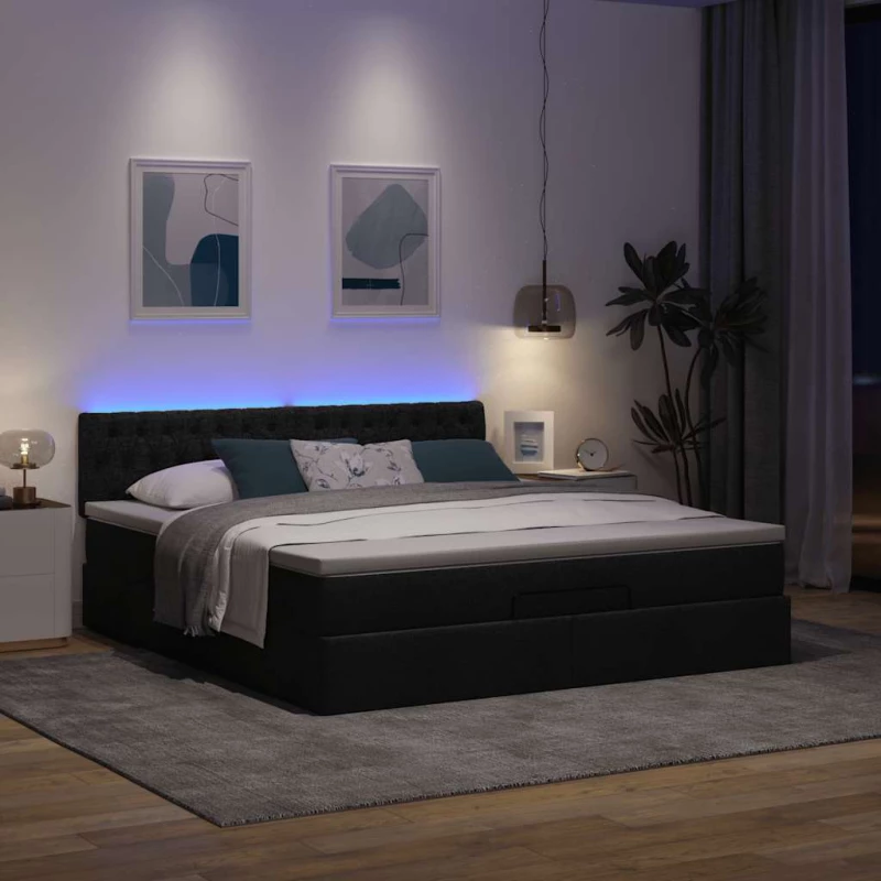 Οθωμανικό κρεβάτι με στρώμα & LEDs Μαύρο ύφασμα 160x200cm Μαύρο 3312404