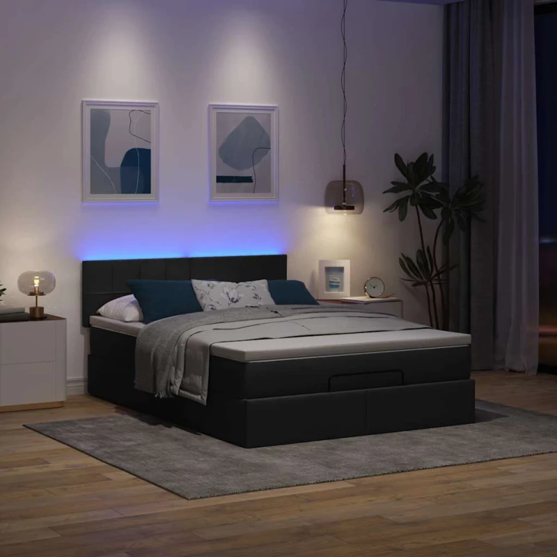 Οθωμανικό κρεβάτι με στρώμα & LEDs Μαύρο 140x200 cm Ύφασμα Μαύρο 3312314