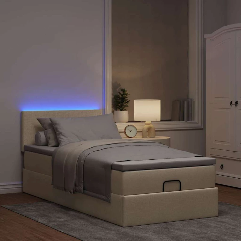Οθωμανικό κρεβάτι με στρώμα & LEDs Cream 90x190cm ύφασμα Κρεμ 3312192