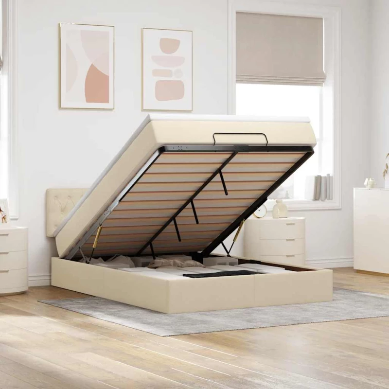 Οθωμανικό κρεβάτι με στρώμα Cream 140x190cm ύφασμα Κρεμ 3311544