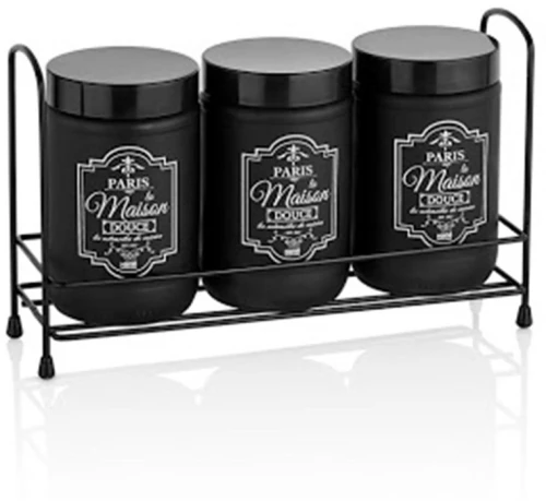 Hane, Σετ 3 τμχ Γυάλινα Δοχεία αποθήκευσης τροφίμων σε Μαύρο χρώμα Paris, HN-2505