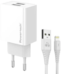 POWERTECH φορτιστής τοίχου PT-1325 με καλώδιο Lightning, 2x USB, 12W, λευκός