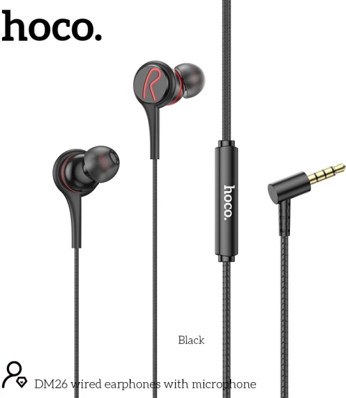 Hands Free Hoco DM26 Earphones Stereo 3.5mm Ανάγλυφο Καλώδιο με  Elbow Design Μαύρα