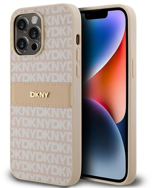 DKNY Leather Mono Stripe & Metal Logo case for iPhone 14 Pro - pink